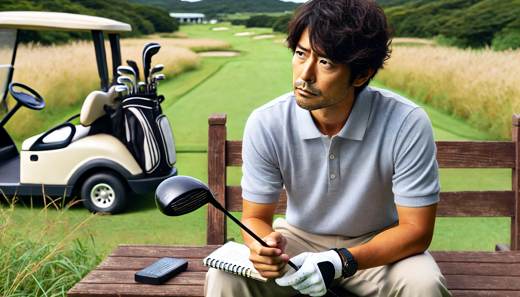 ゴルフコースのベンチに座り、ドライバーを手に考え込む日本人男性ゴルファー。隣にメモ帳やスイング記録デバイスが置かれている