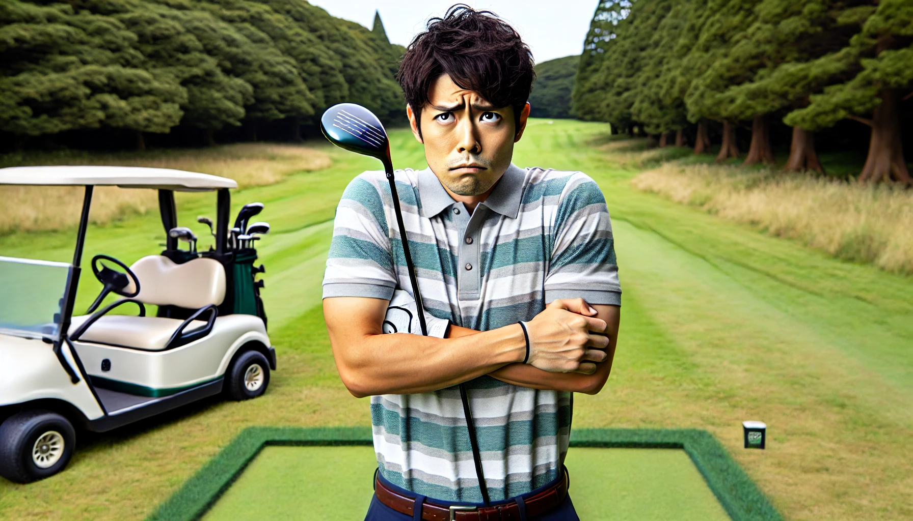 狭いフェアウェイのティーグラウンドで、緊張した表情でドライバーを持ち固まっている日本人男性ゴルファー