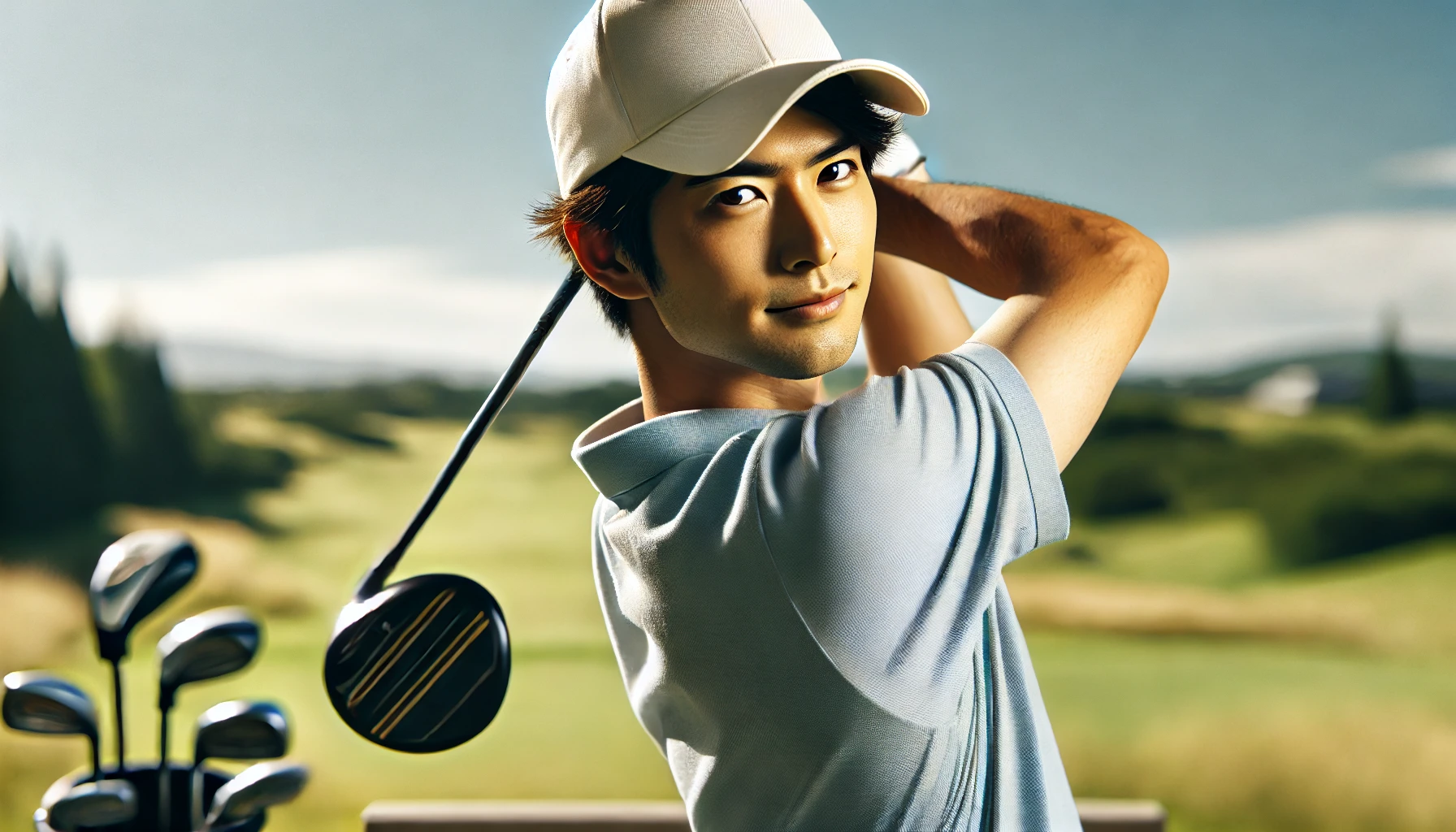 自信に満ちた表情でドライバーショットを放つ日本人男性ゴルファー。ボールが空中を飛び、打ち出し成功の瞬間を捉えたシーン