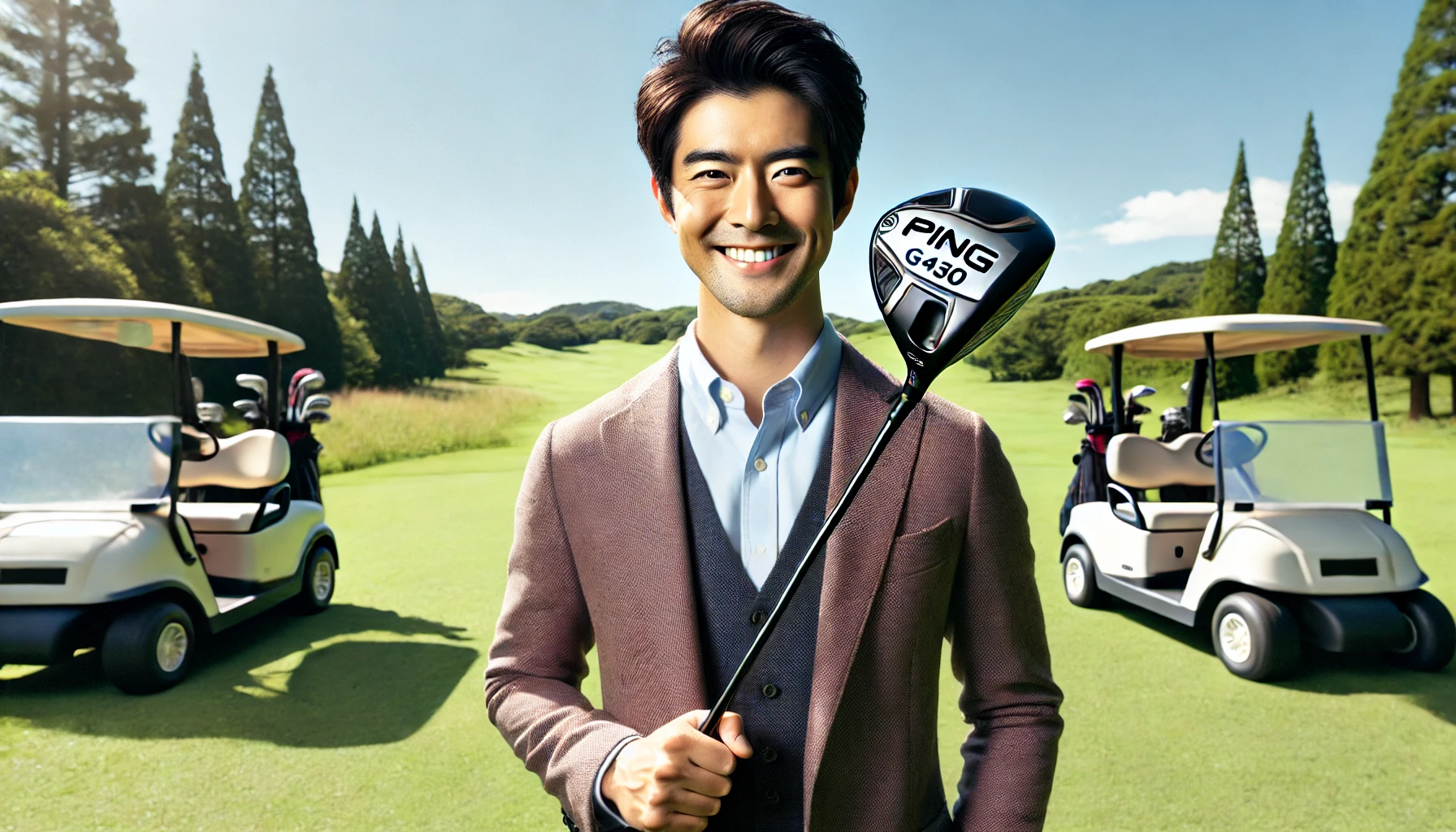 晴天のゴルフコースで、ピンG430ドライバーを手に笑顔を見せる日本人男性ゴルファー。自分に合ったクラブを見つけた満足感を表現