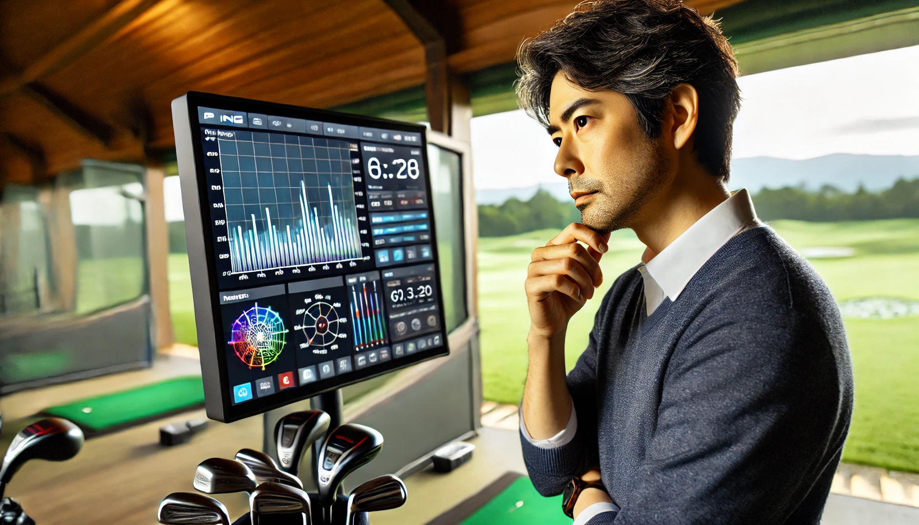 ゴルフ練習場でスイング解析モニターを見ながら真剣な表情で考える日本人男性ゴルファー。G430ドライバーの飛ばない原因を探る様子