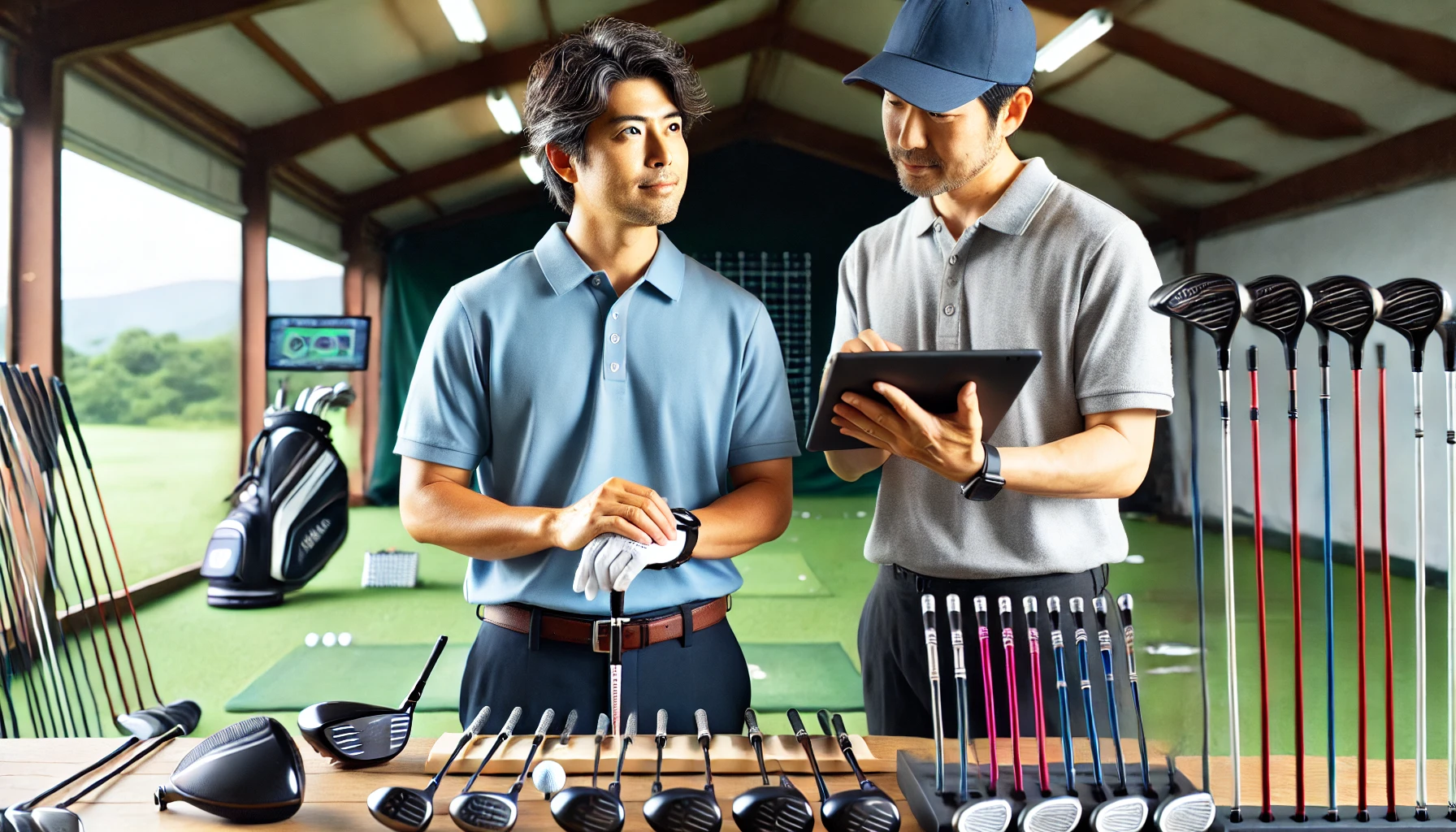 屋外練習場でフィッターとともにクラブ調整を受ける日本人男性ゴルファー。タブレットや計測器が並ぶ中、フィッティングによる改善プロセスを表現
