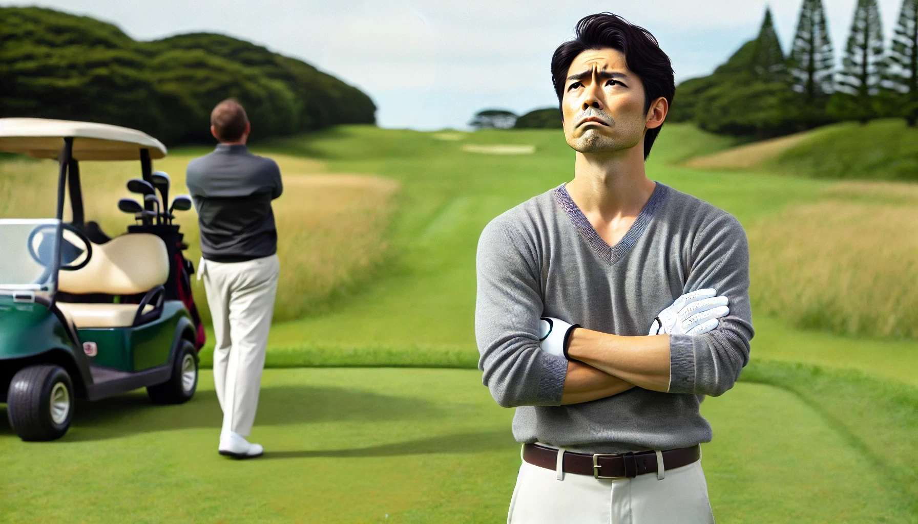 「ドライバーショット後、右方向に曲がってしまった弾道を見つめながら悔しそうな表情を見せる日本人男性ゴルファー。G430でつかまらない悩みを象徴するシーン