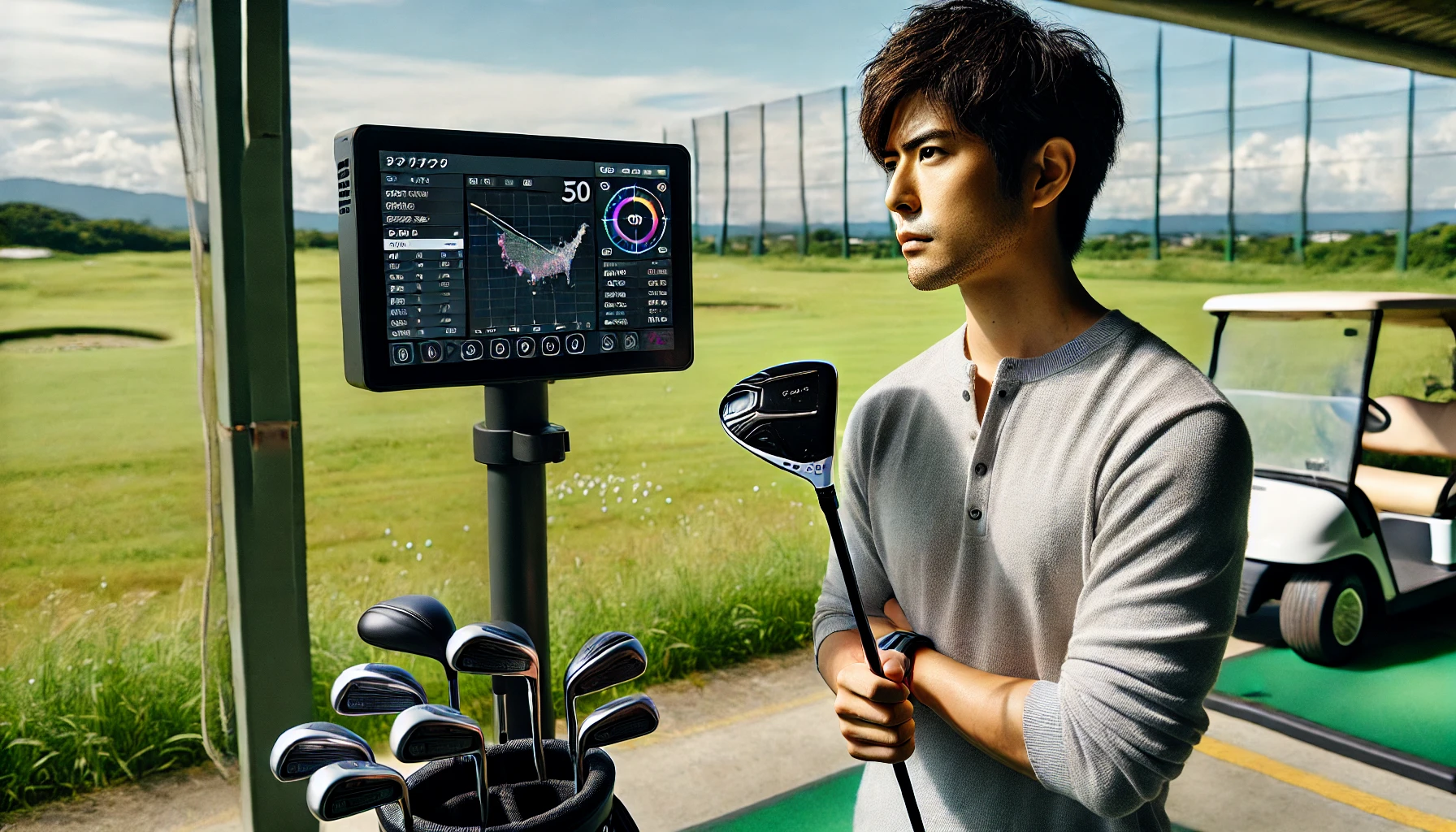 屋外のゴルフ練習場で、Qi10風ドライバーを片手に、弾道データをランチモニターで真剣に確認する30代の日本人男性ゴルファー