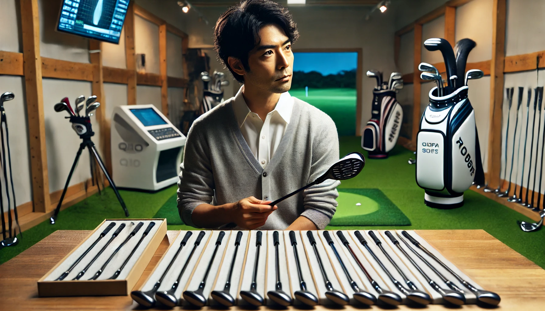 インドアゴルフスタジオで、複数のカスタムシャフトを比較検討している40代の日本人ゴルファー。テーブルにはシャフトが並べられ、奥にはランチモニターが設置されている