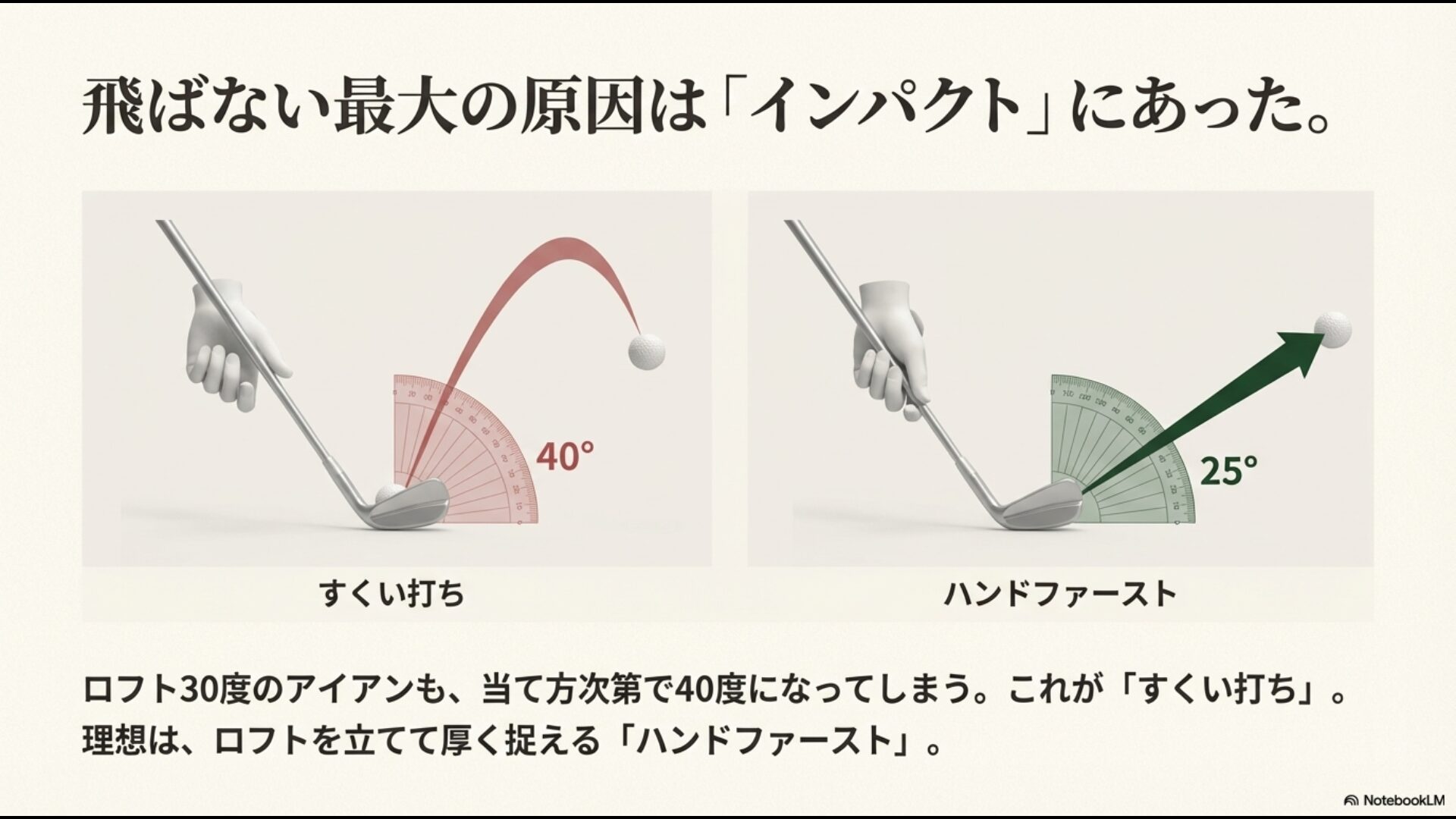 アイアンショットにおいて、ロフトが寝てしまう「すくい打ち」と、理想的な「ハンドファースト」のインパクト時のロフト角の違いを示したイラスト