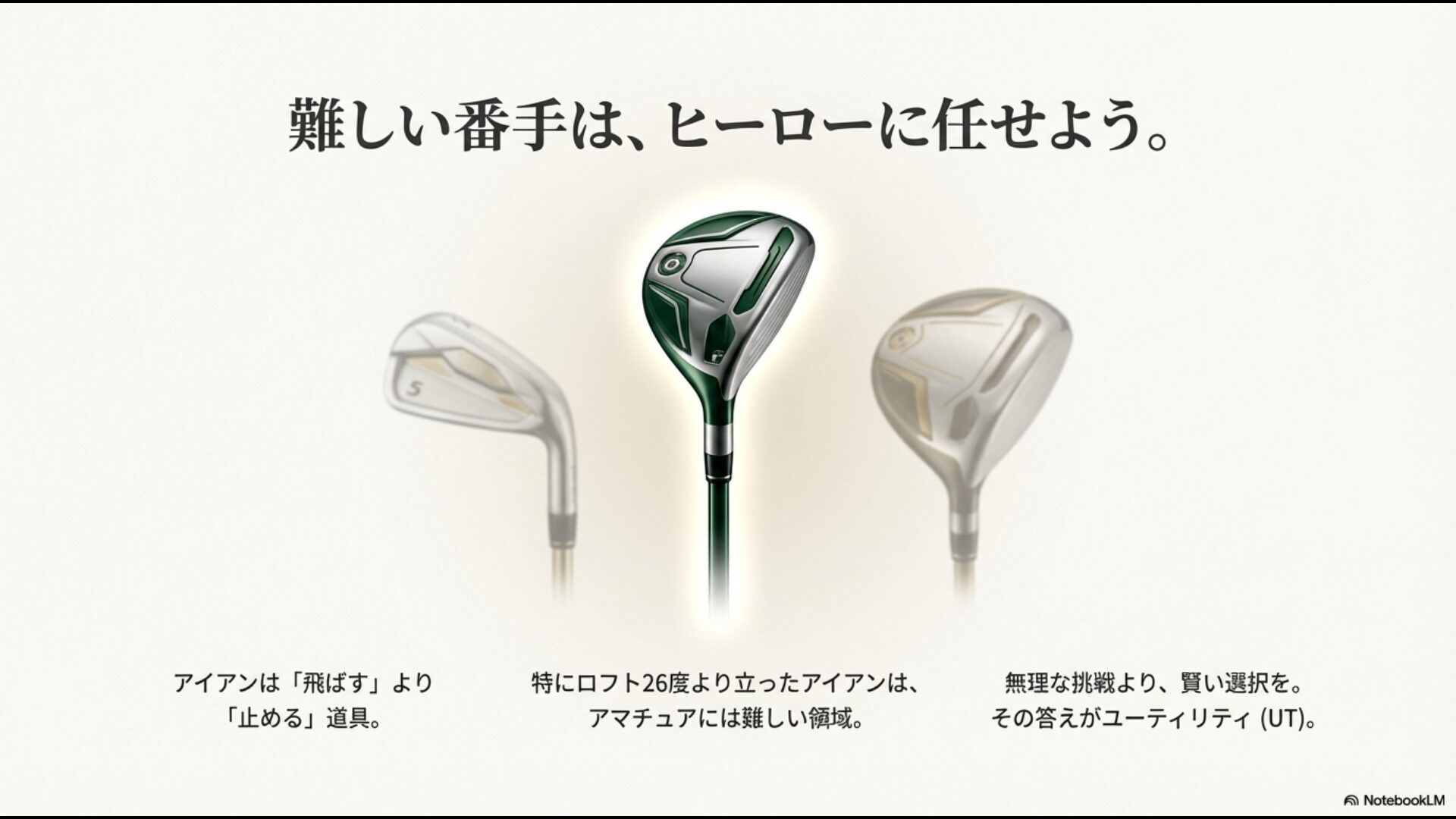 ロフト26度より立った難しいアイアンの代わりにユーティリティを選択することを推奨する、アイアン飛距離新常識の図解