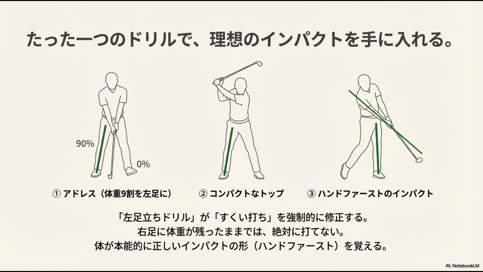体重の9割を左足に乗せてハンドファーストのインパクトを習得する、左足立ちドリルの手順（アドレス、トップ、インパクト）のイラスト