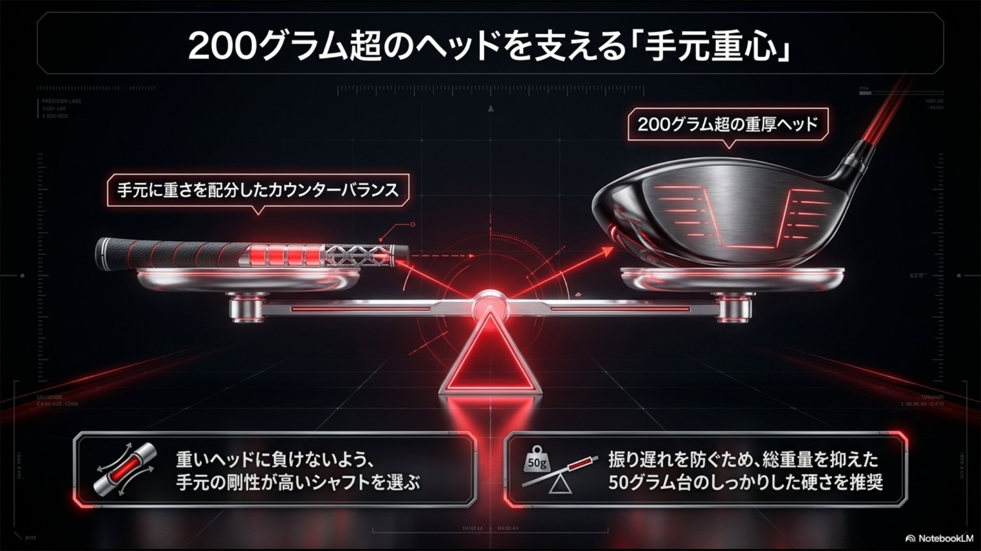 ピン G430の200グラム超の重いヘッドに負けないよう、手元に重心を配分したカウンターバランスシャフトや剛性の高いシャフト選びを推奨する図