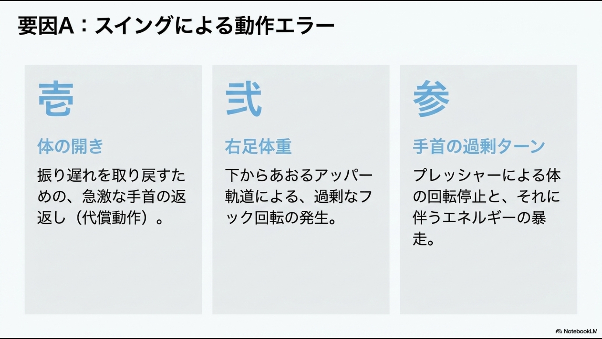 体の開き、右足体重、手首の過剰ターンというスイングによる3つの動作エラーを図解