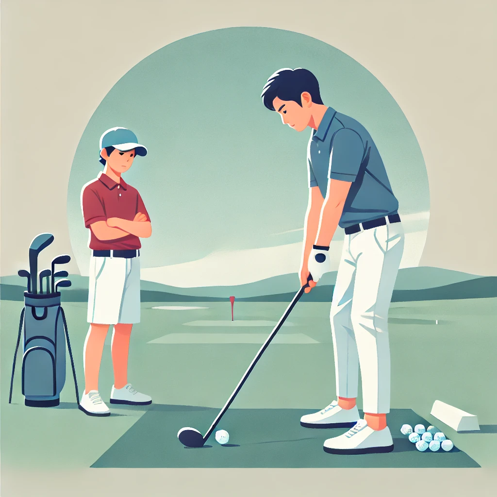 A-clean-and-modern-flat-style-illustration-of-a-Japanese-male-golf-coach-demonstrating-proper-swing-mechanics-to-a-younger-Japanese-golfer-emphasizin.webp