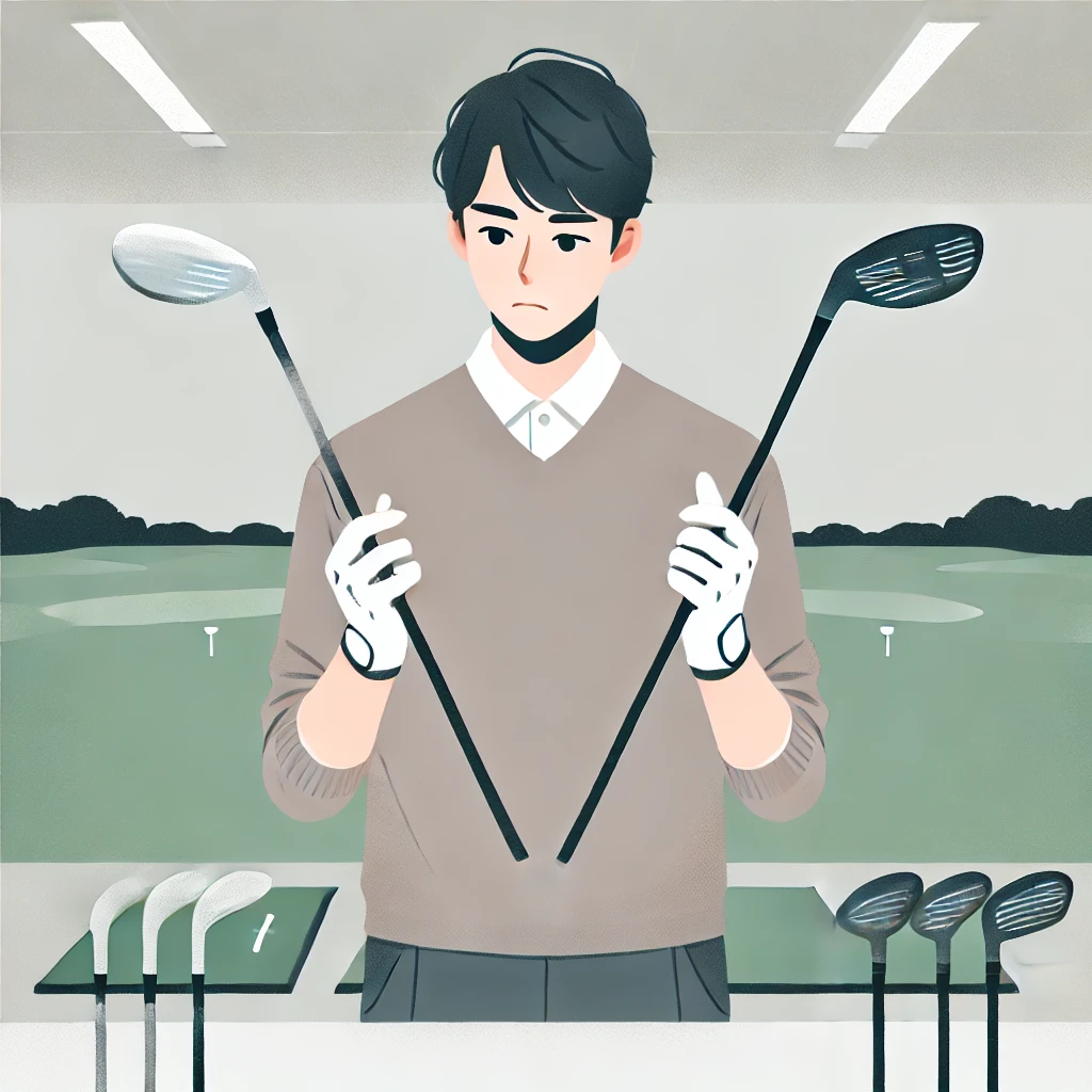 A-clean-modern-flat-style-illustration-of-a-Japanese-male-golfer-examining-two-different-golf-driver-shafts-trying-to-assess-their-flex-and-balance.webp