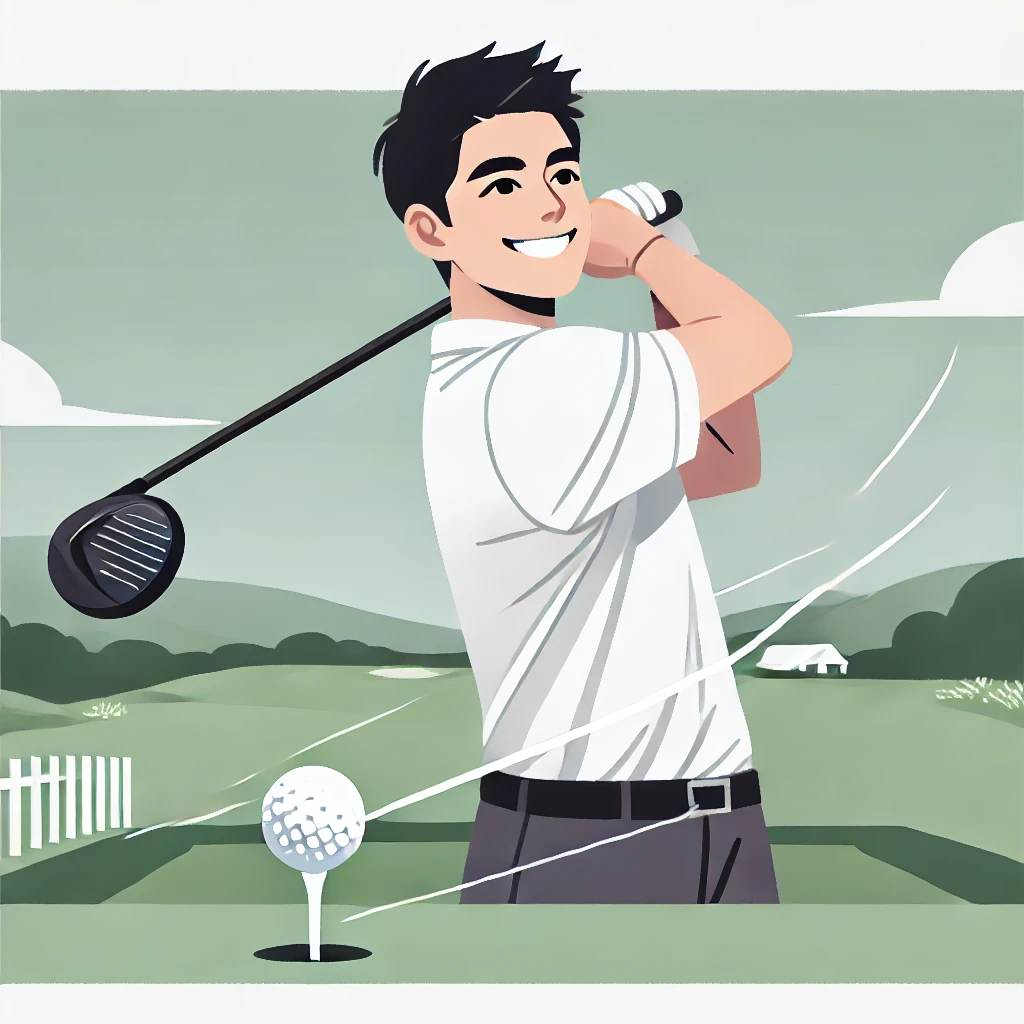 A-clean-and-modern-flat-style-illustration-of-a-Japanese-male-golfer-in-his-30s-smiling-confidently-after-hitting-a-powerful-straight-drive-using-a-f.webp