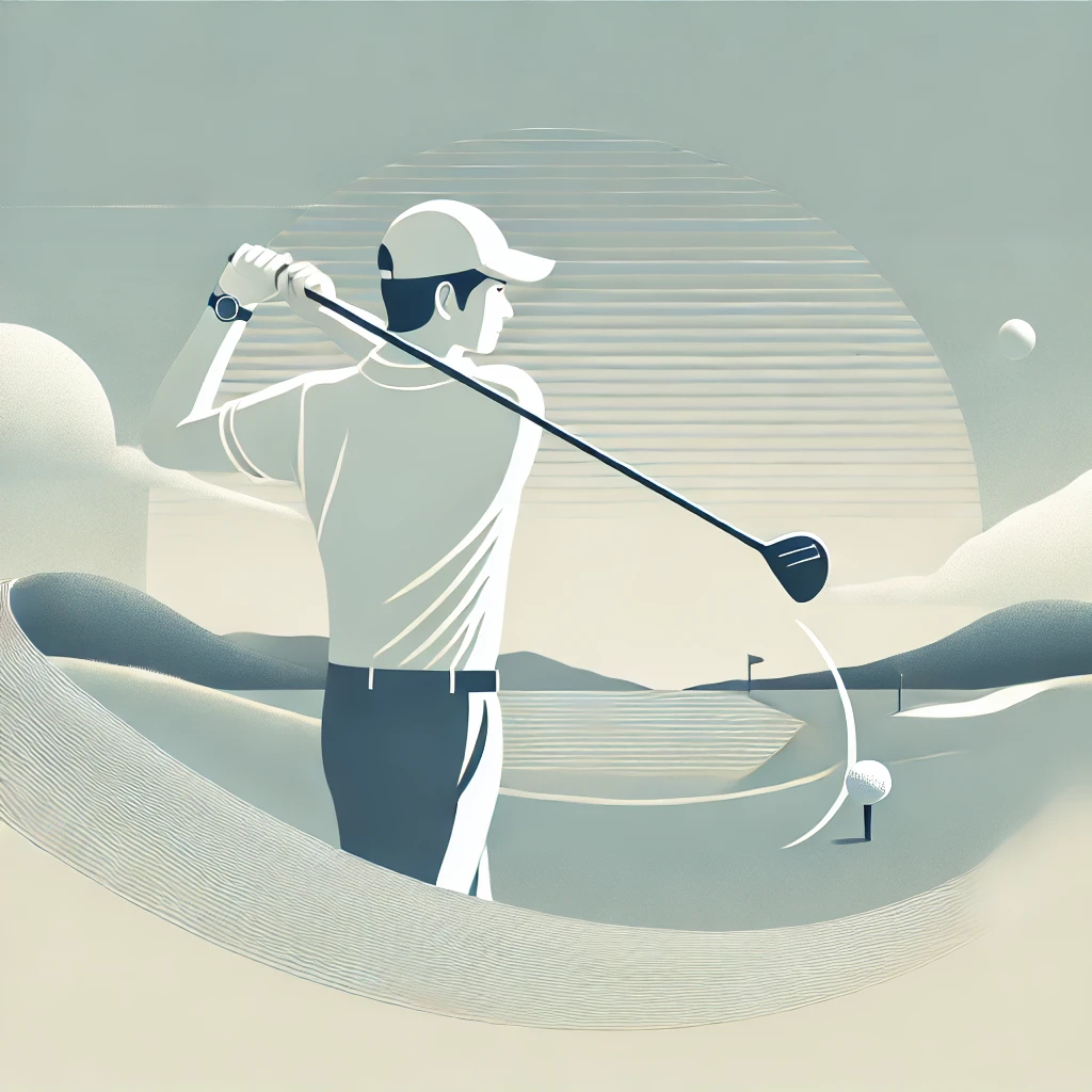 A-modern-and-clean-illustration-of-a-Japanese-male-golfer-swinging-a-golf-driver-with-a-smooth-controlled-motion-on-a-calm-golf-course.-The-ball-is-f.webp