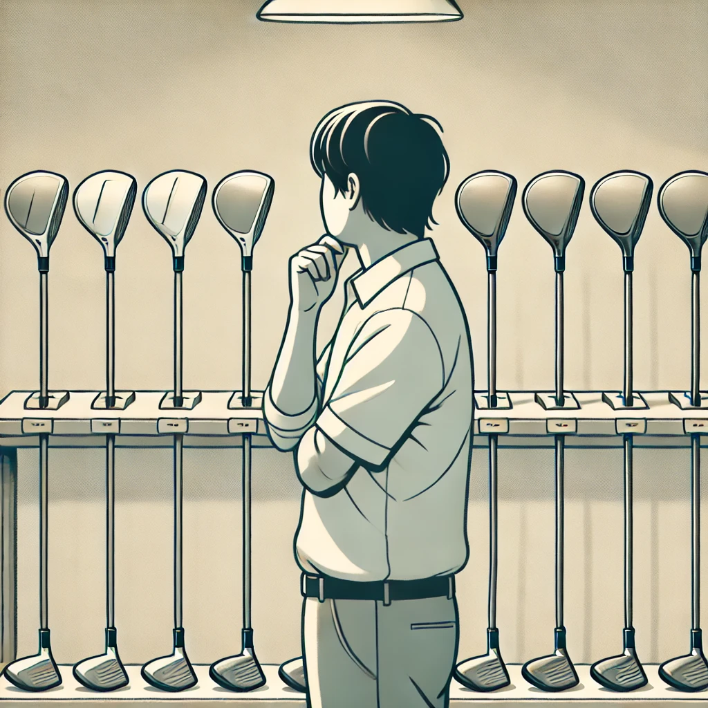 A-clean-and-minimalistic-illustration-of-a-Japanese-man-examining-several-used-golf-drivers-in-a-secondhand-sports-store.-The-clubs-look-slightly-olde.webp