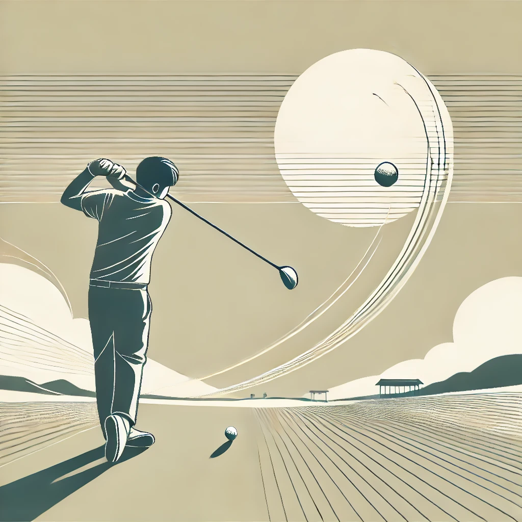 A-minimalist-and-modern-illustration-of-a-Japanese-male-golfer-hitting-a-powerful-drive-with-maximum-distance-on-a-sunny-golf-course.-The-ball-is-show.webp
