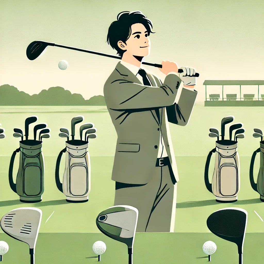 A-modern-minimalist-illustration-of-a-Japanese-male-golfer-testing-several-golf-drivers-on-a-practice-field.-He-looks-satisfied-while-swinging-one-cl.webp