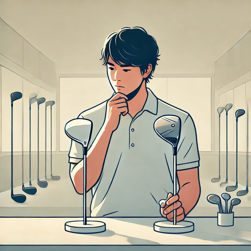 A-minimalist-and-clean-illustration-of-a-Japanese-golfer-comparing-two-golf-drivers_-one-focused-purely-on-distance-and-the-other-on-balance-and-contr.webp