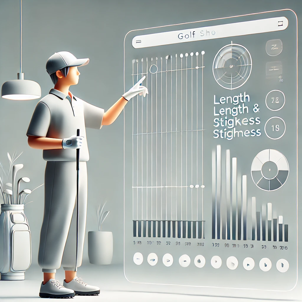 A-clean-minimalist-illustration-in-a-responsive-design-style-showing-a-Japanese-golfer-interacting-with-a-virtual-spec-chart-for-golf-driver-shafts.-.webp