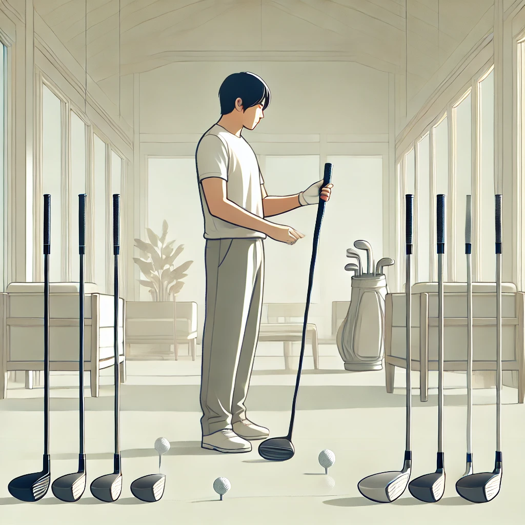 A-clean-minimalist-illustration-in-a-responsive-design-style-showing-a-Japanese-male-golfer-testing-several-driver-shaft-lengths-to-find-the-best-mat.webp