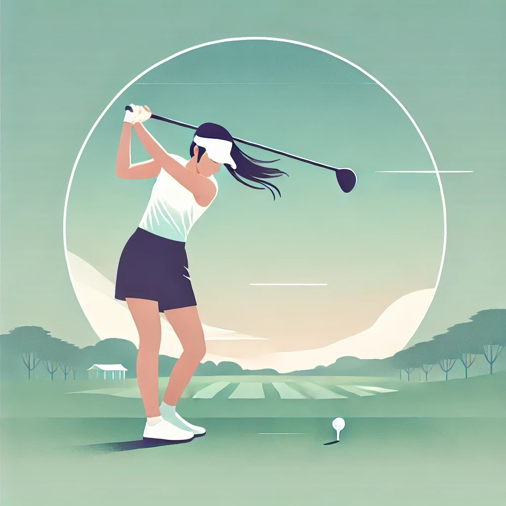A-minimalist-modern-illustration-of-a-Japanese-female-golfer-demonstrating-a-hand-late-driver-swing.-The-golfer-is-in-mid-swing-with-the-hands-noti.webp