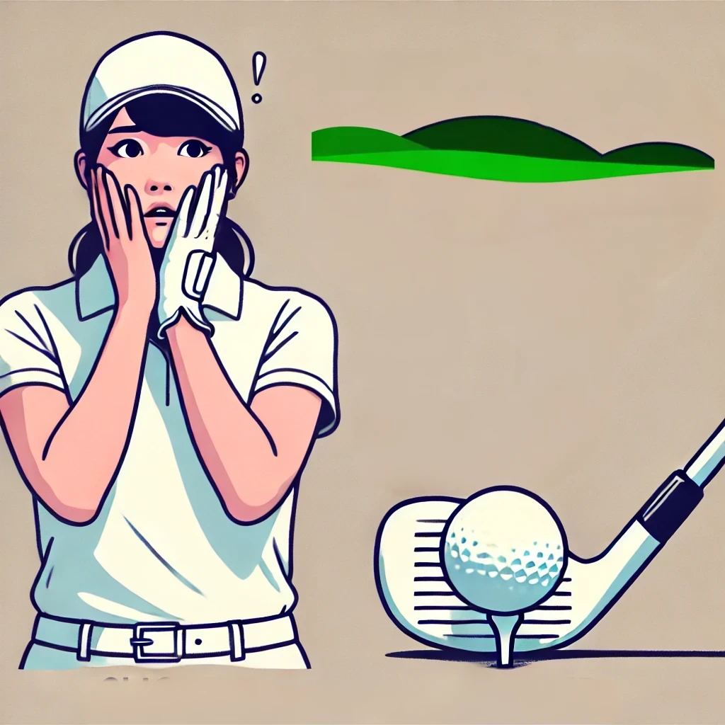 A-clean-minimalist-illustration-showing-a-Japanese-female-golfer-standing-on-a-golf-course-with-a-frustrated-expression.-The-scene-suggests-she-has-m.webp