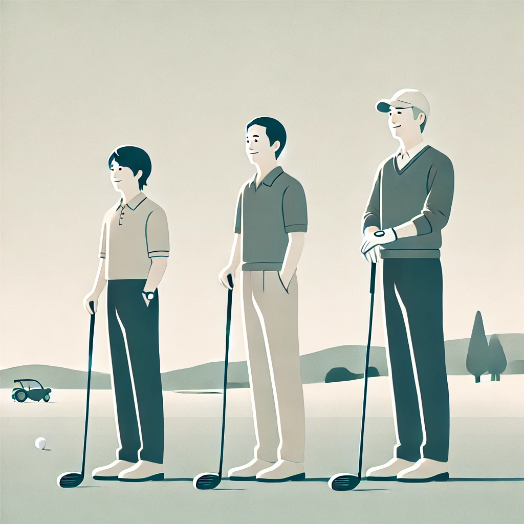 A-minimalist-responsive-style-illustration-of-three-Japanese-men-of-different-age-groups-20s-40s-60s-standing-on-a-golf-course-each-holding-a-go.webp