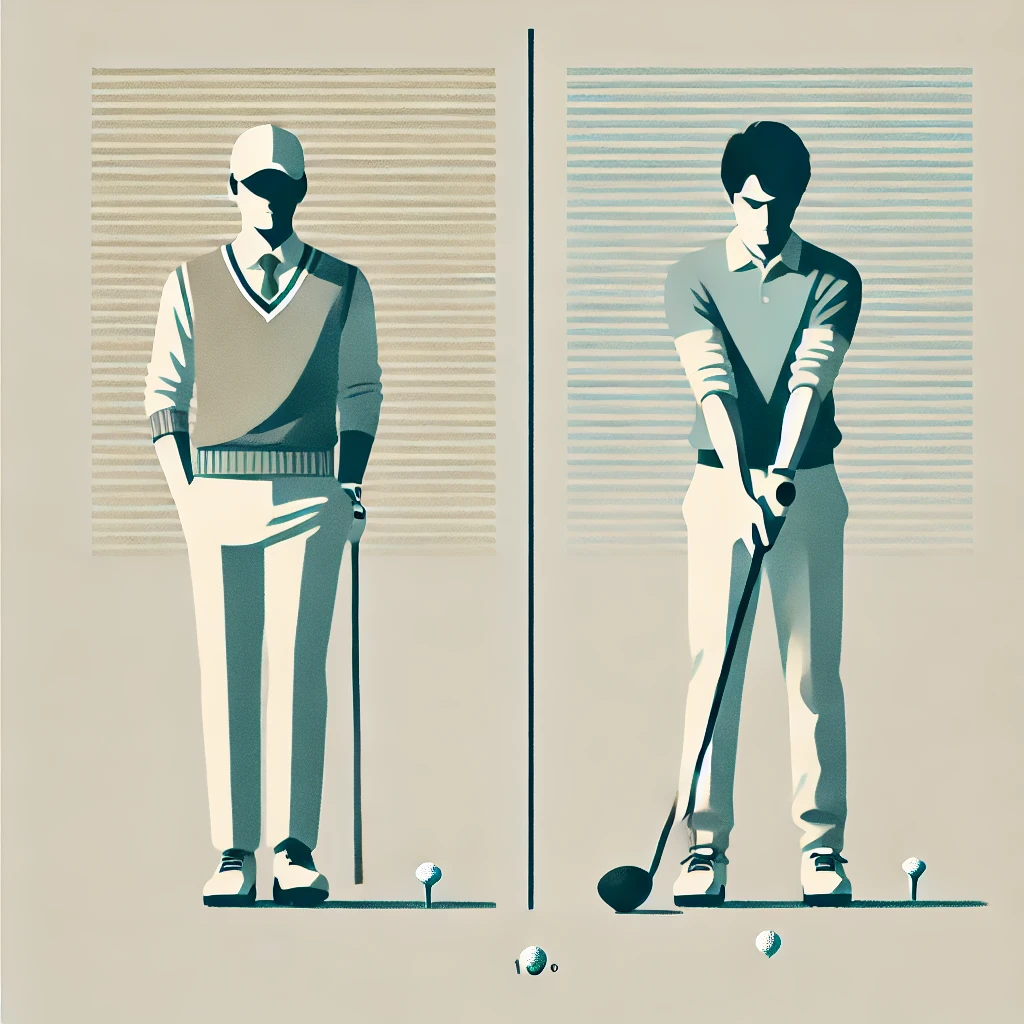 A-modern-minimalist-illustration-of-two-Japanese-male-golfers-standing-side-by-side-on-the-same-golf-course_-one-is-a-professional-golfer-in-a-confid.webp