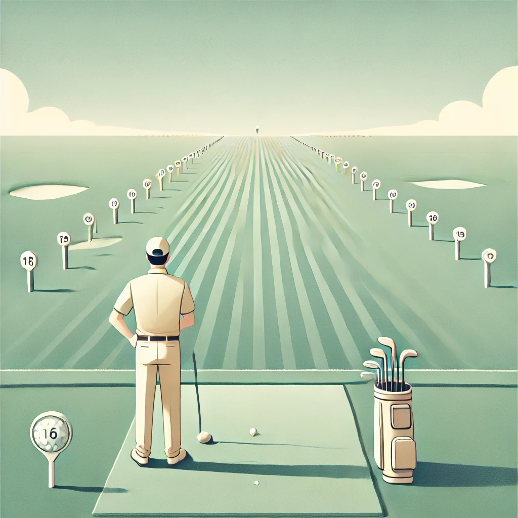 A-clean-responsive-style-illustration-of-a-Japanese-golfer-standing-on-a-tee-box-looking-out-over-a-wide-golf-fairway-with-visible-yardage-markers-s.webp