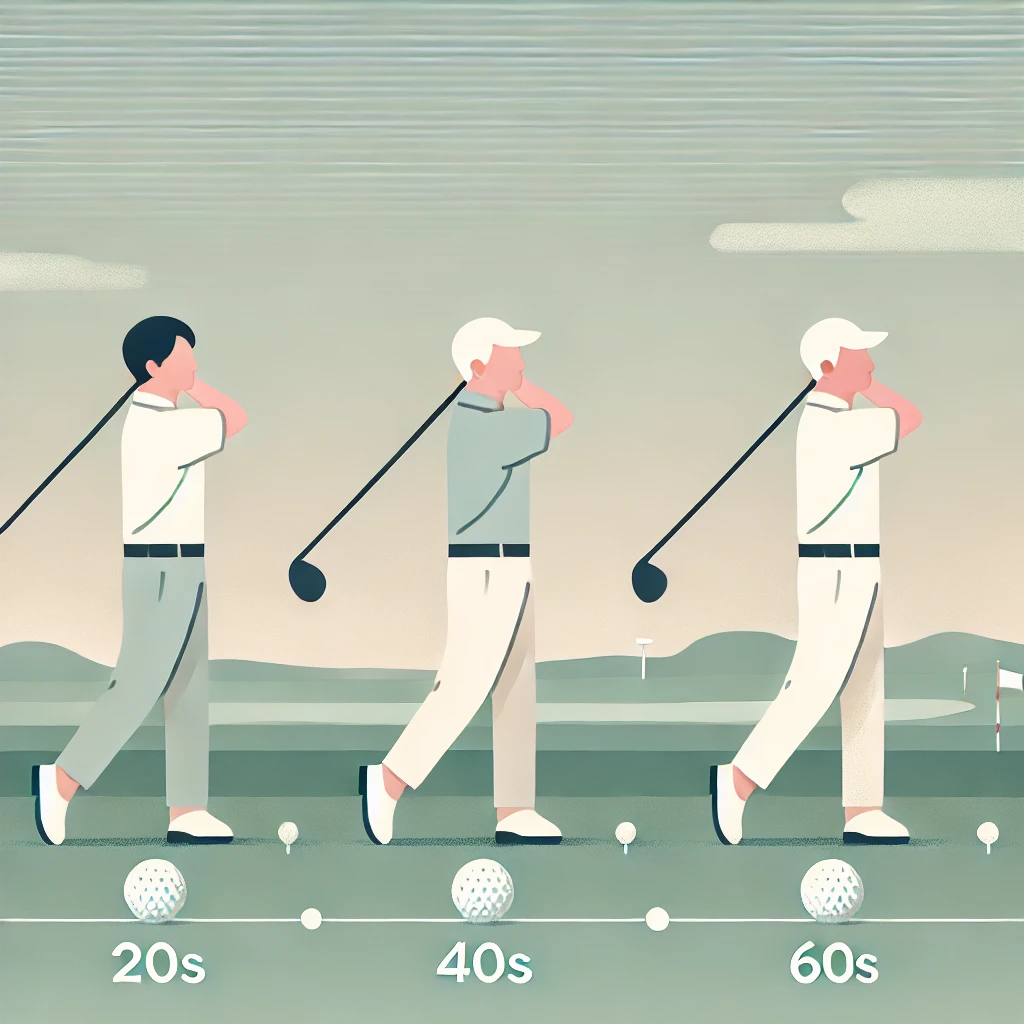 A-minimalist-clean-illustration-showing-three-Japanese-male-golfers-representing-different-age-groups-20s-40s-60s-each-positioned-along-a-golf-f.webp