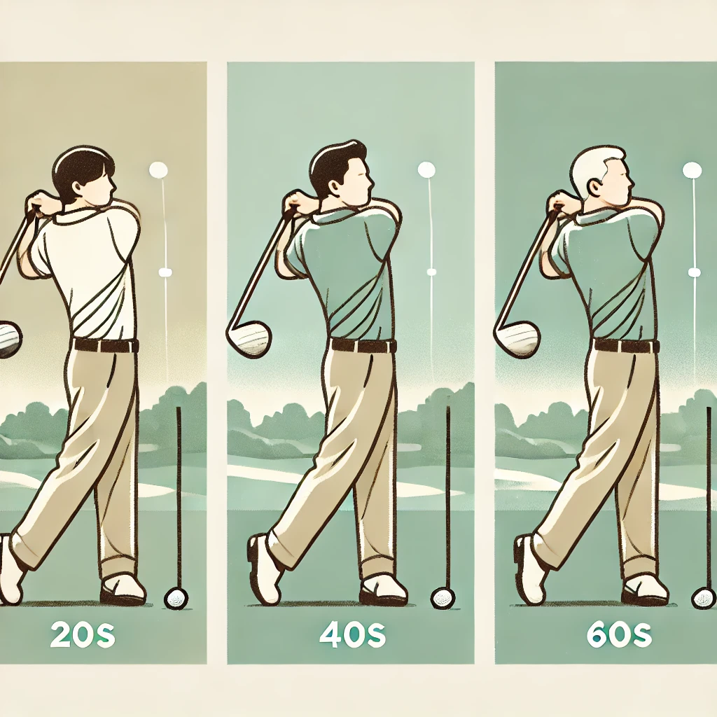 A-responsive-style-illustration-showing-three-Japanese-golfers-of-different-age-groups-20s-40s-60s-each-performing-a-driver-swing-with-distinctive.webp