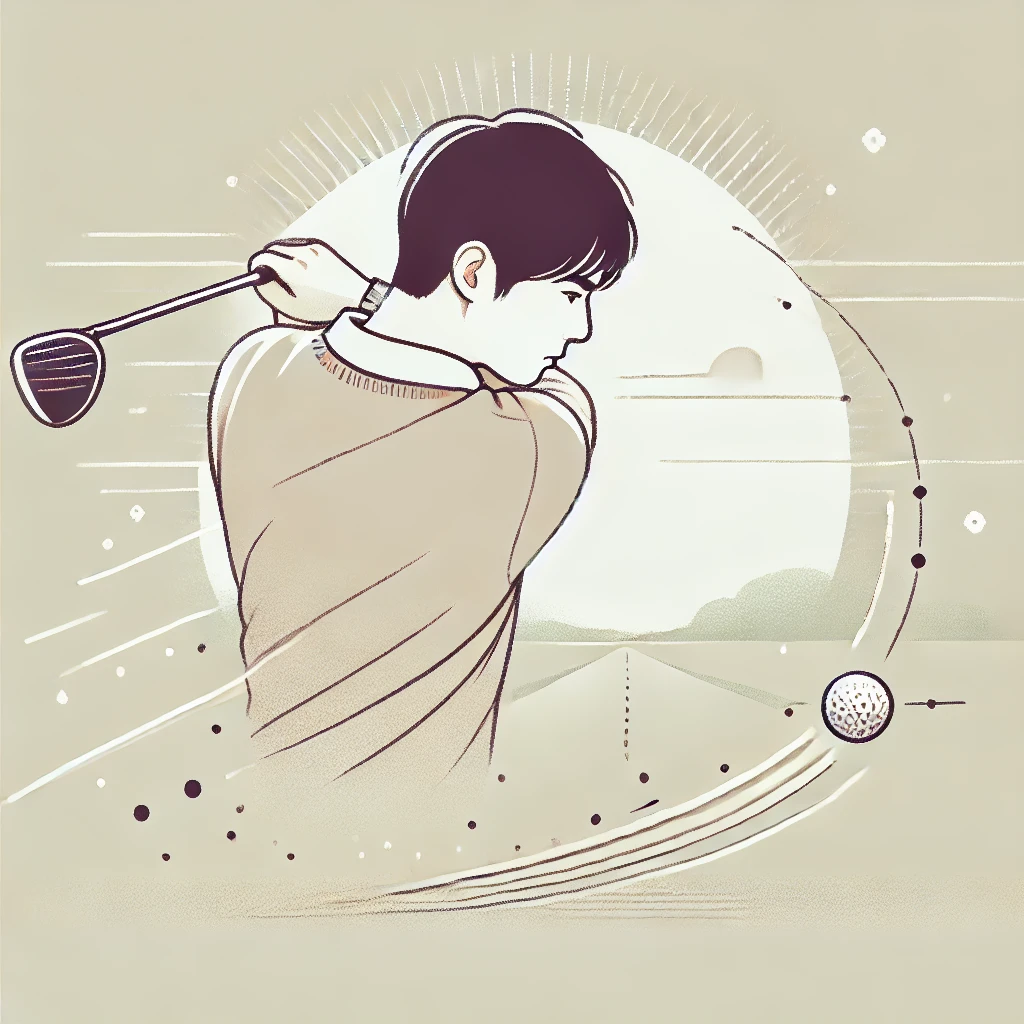 A-modern-clean-illustration-of-a-Japanese-male-golfer-in-mid-swing-with-a-visual-emphasis-on-the-motion-of-the-club-head-and-the-moment-of-impact-wi.webp
