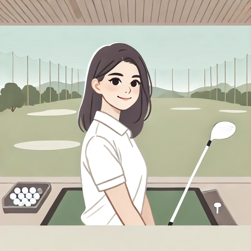 A-clean-minimalist-illustration-of-a-young-Japanese-woman-beginner-golfer-practicing-her-driver-swing-on-a-golf-practice-range.-She-looks-focused-and.webp