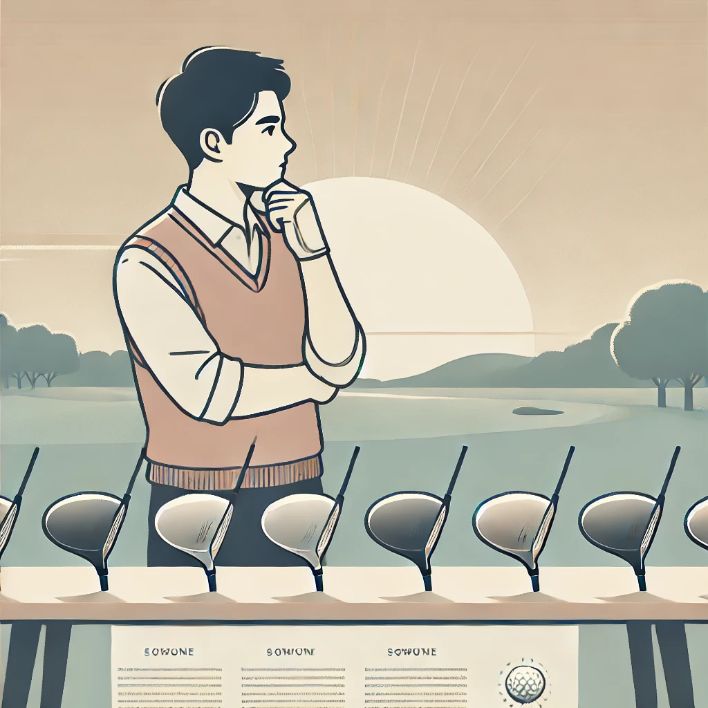 A-modern-minimalist-illustration-of-a-Japanese-male-golfer-thoughtfully-comparing-several-used-golf-drivers-displayed-on-a-table-outdoors.-The-golfer.webp