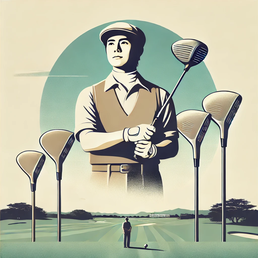 A-clean-modern-illustration-of-a-Japanese-male-golfer-in-his-late-30s-holding-a-driver-confidently-on-a-golf-course-with-a-vintage-to-modern-set-of-.webp