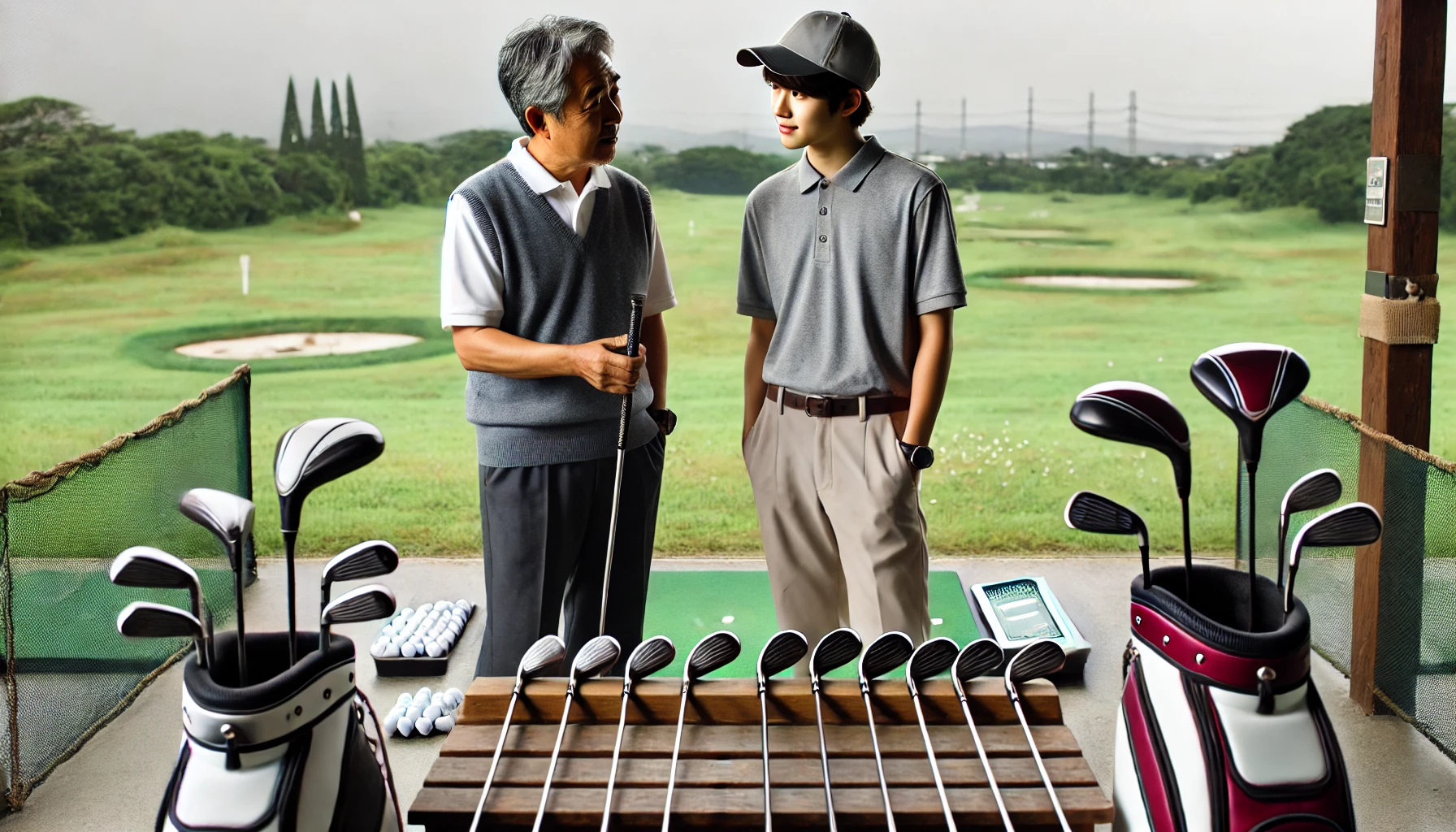 練習場で複数のシャフトを前に、日本人のゴルフコーチが若い男性ゴルファーにアドバイスをしている様子。長さと硬さの違いについて解説中。