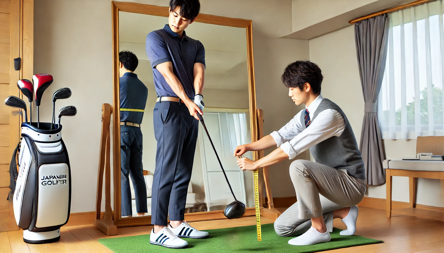 日本人男性ゴルファーが自宅の鏡の前でドライバーを構えたアドレス姿勢をとっており、もう一人の人物が手首から床までの距離をメジャーで測っている。シャフトの長さを体格に合わせて確認する様子が丁寧に描かれているシーン。