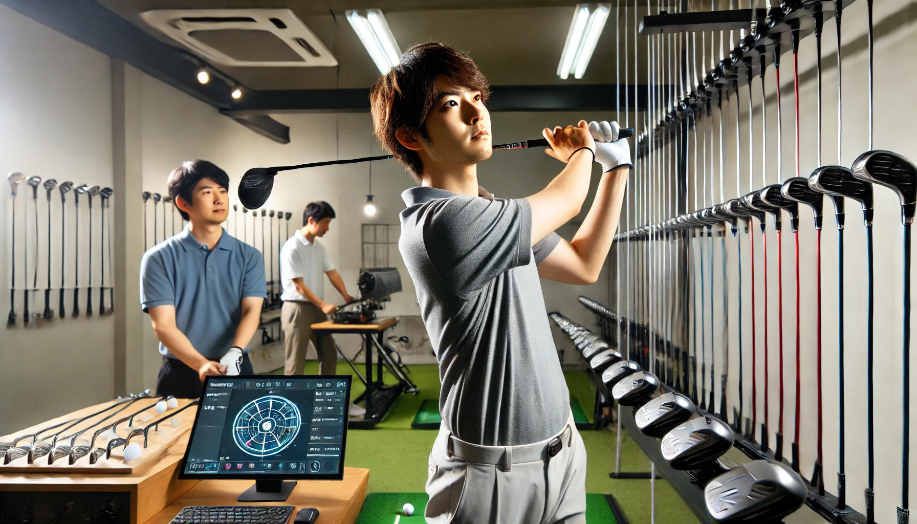 インドアのゴルフフィッティングスタジオでスイングしながら、ドライバーシャフトの硬さを計測している日本人男性ゴルファー。後方には技術者と複数のシャフトが並んでいるハイテクな環境。
