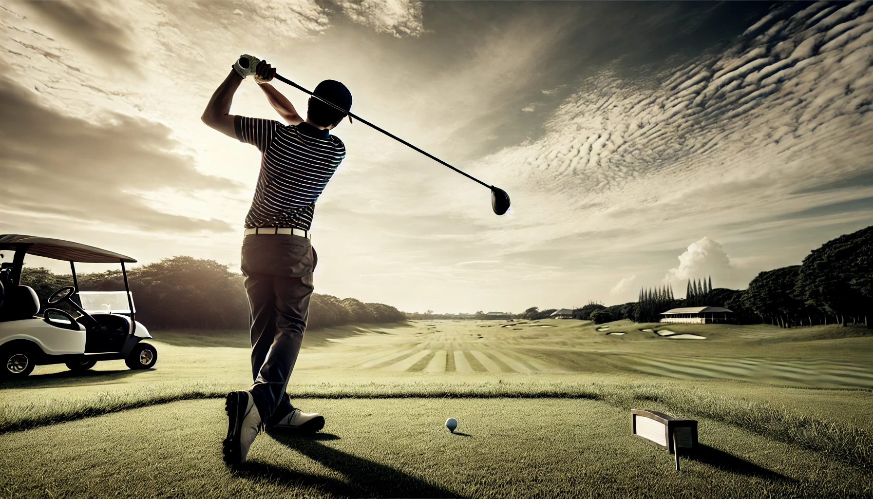 ティーグラウンドで長尺ドライバーをスイングする日本人男性ゴルファー。飛距離重視の広いスイングをしており、背景には開けたフェアウェイと青空が広がる