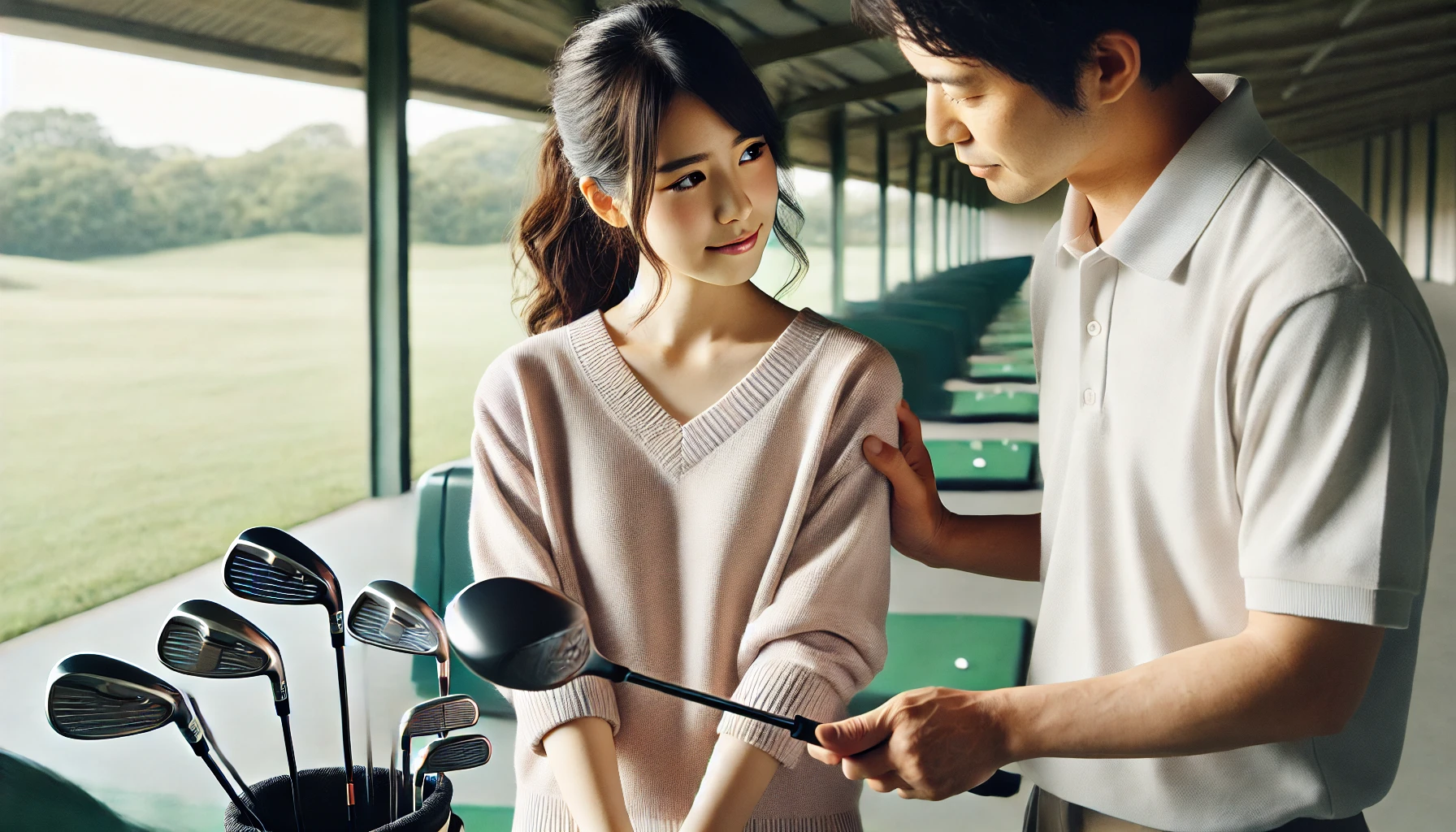 静かな練習場でドライバーを構える日本人の初心者女性ゴルファー。優しく指導するコーチの隣で、柔らかめのシャフトを使用してスイングを練習している穏やかな雰囲気の場面