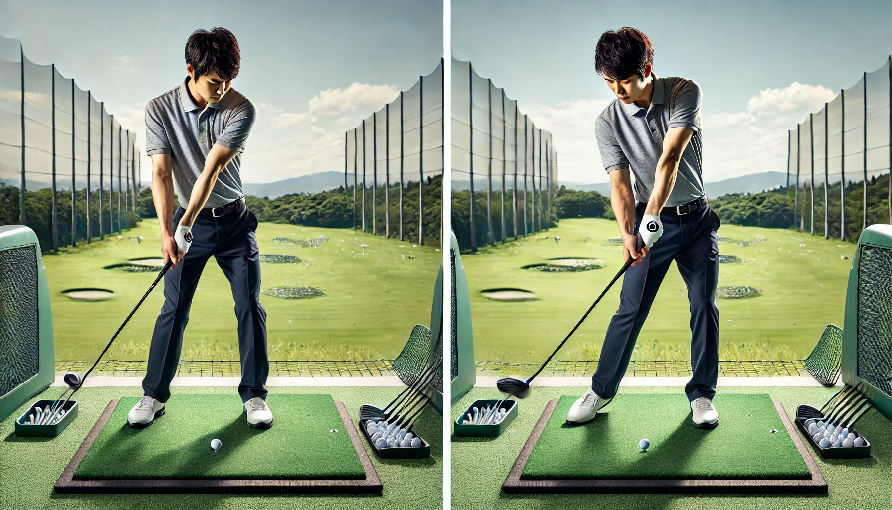 「日本人男性ゴルファーが屋外のゴルフ練習場でドライバーを使い、左側でハンドファースト、右側でハンドレイトのインパクトを比較する2ショット構図」