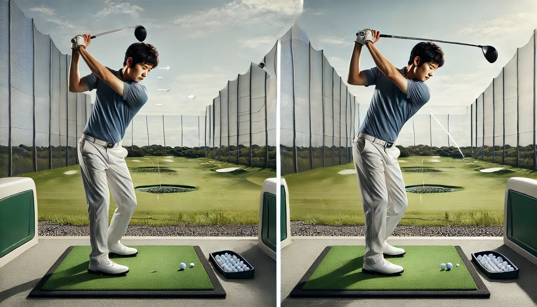 「日本人男性ゴルファーがゴルフコースで理想的なドライバーショットを打つ様子。左は弱いハンドファースト、右は軽いハンドレイトのインパクトを再現」