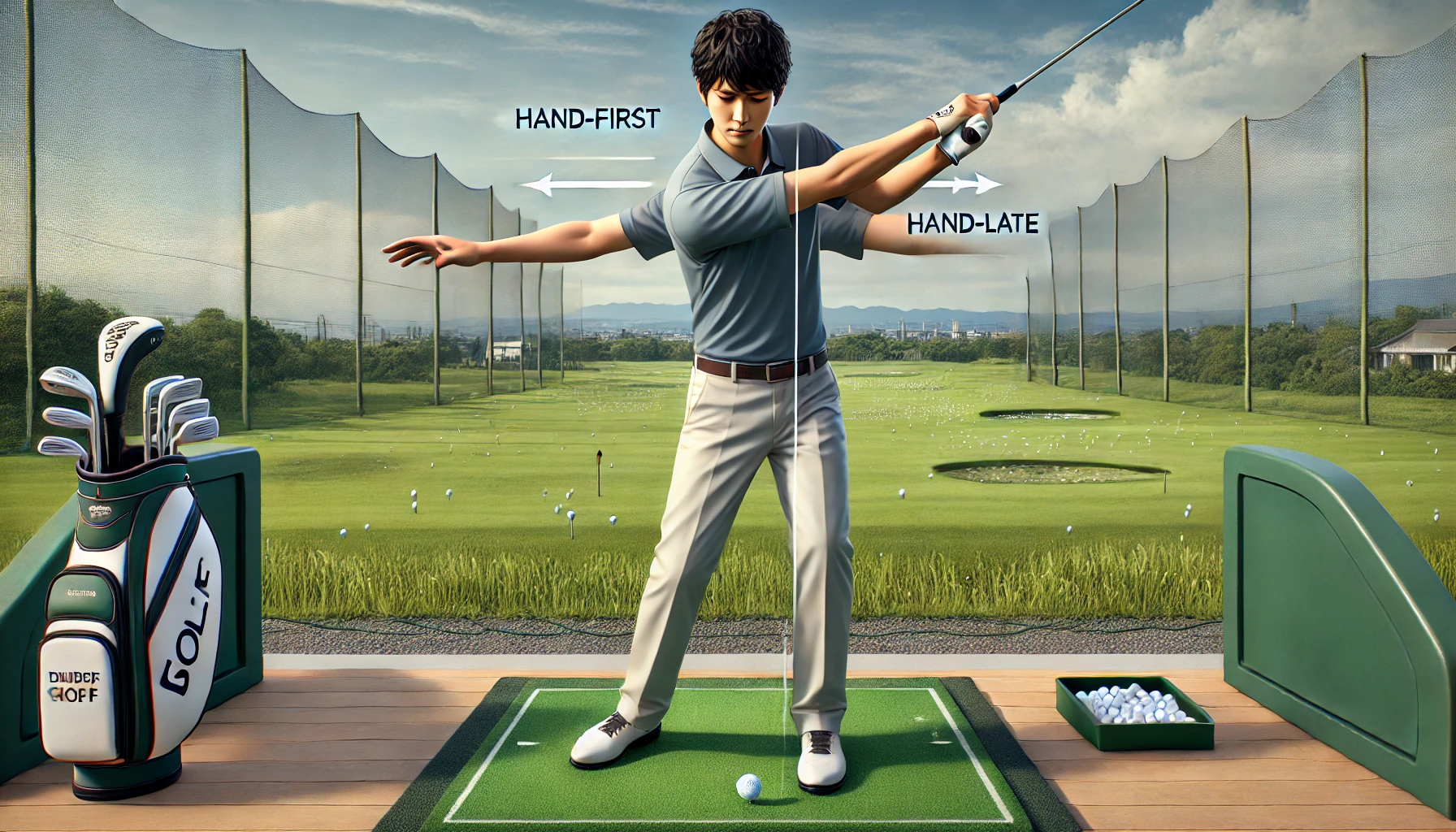 「日本人男性ゴルファーがゴルフ練習場で、ドライバーの基本的なハンドファーストとハンドレイトのインパクト姿勢を比較している様子。明るい天気の中、グリーンの人工芝とネットが背景に広がる」