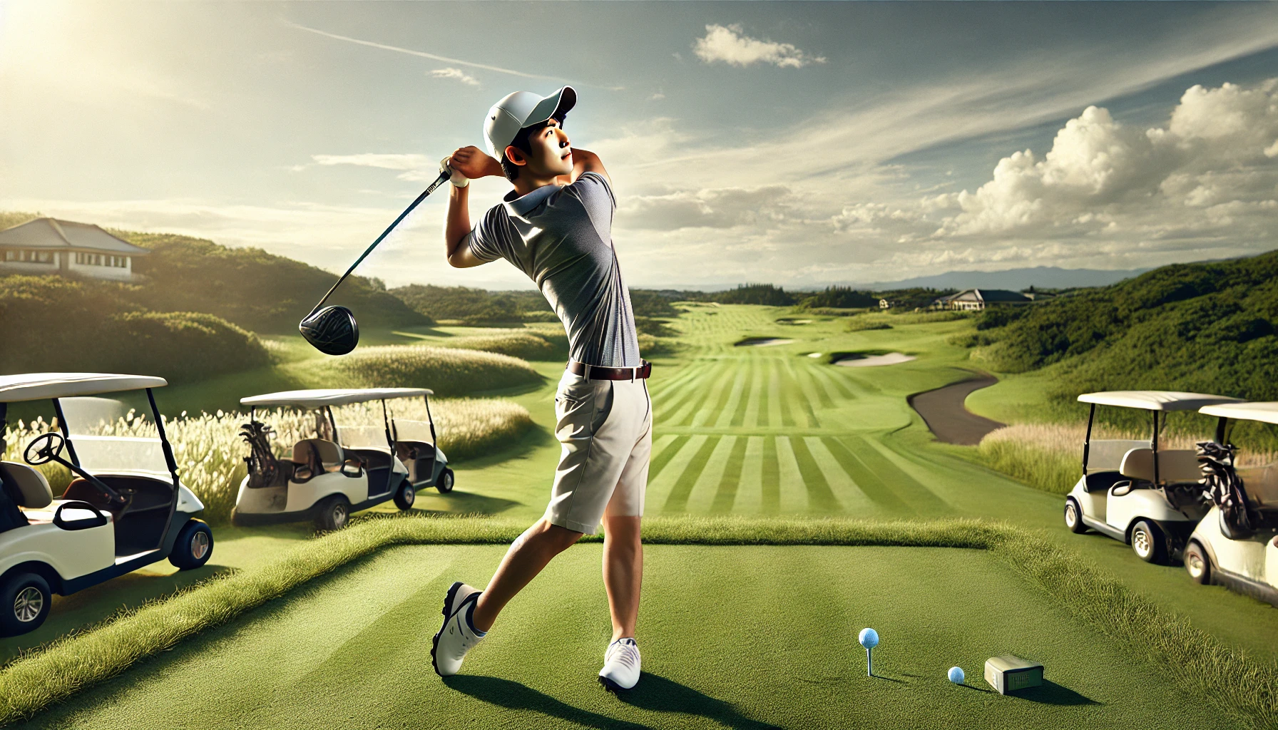 「日本人男性ゴルファーが晴天のゴルフコースでドライバーショットを打ち、高く打ち上がったボールを見送っている。ハンドレイト気味のインパクトでキャリーを最大化し、力強いフォロースルーを見せているシーン」
