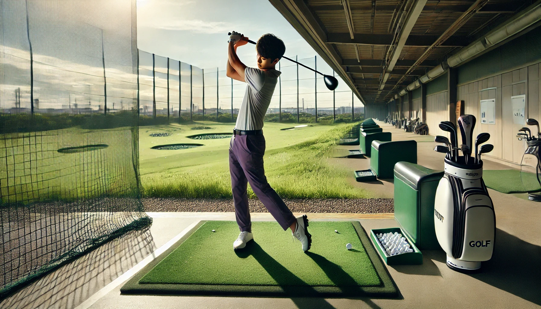 日本人男性ゴルファーがゴルフ練習場でドライバーショットを打つ直前の構え。ドライバーは実物のように自然な形状で、クラブヘッドはボールの手前の最下点にある。晴天の下、芝とネットに囲まれたリアルな練習風景