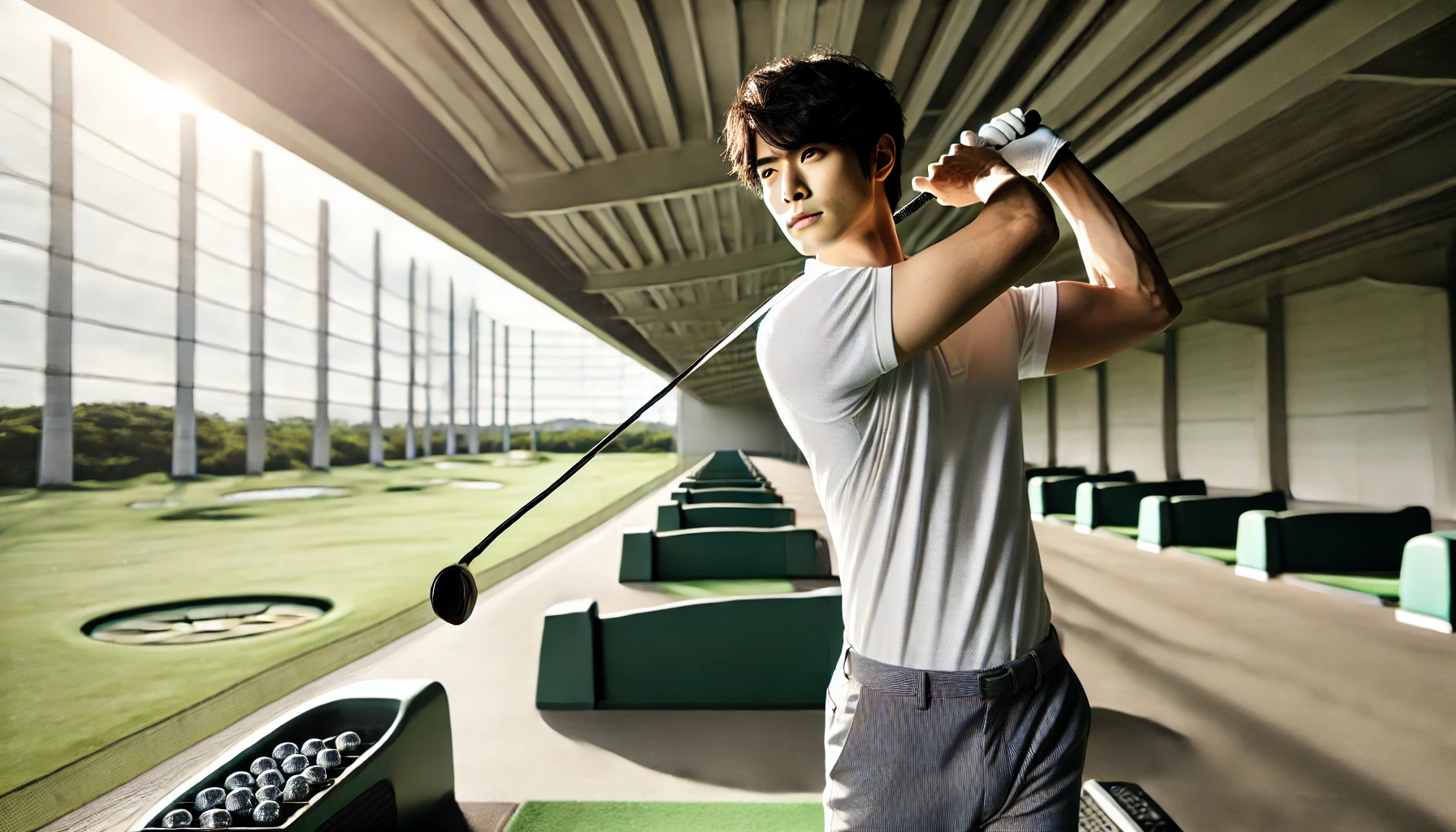 30代〜40代の日本人ゴルファーが穏やかな表情でドライバーショットに集中している瞬間。技術と経験が融合した安定感あるフォーム。