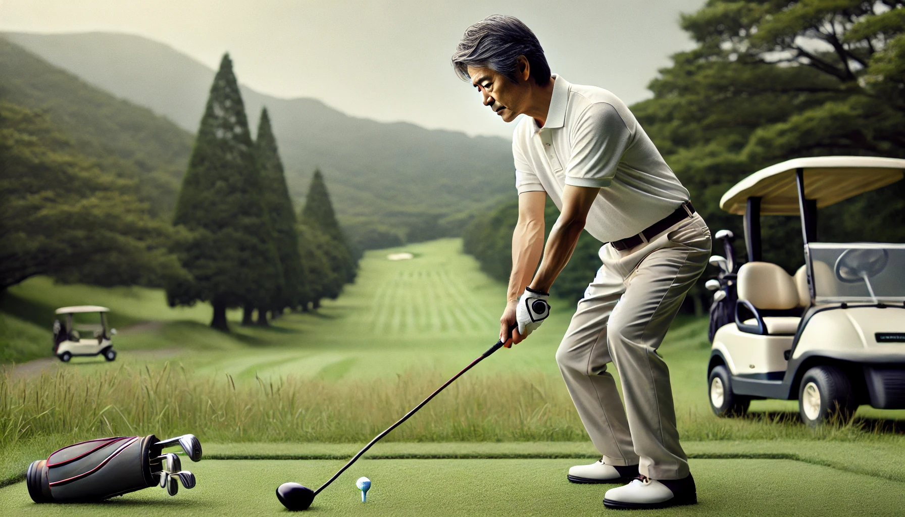 日本人の50代男性ゴルファーが緑豊かなコースで冷静にスタンスを整える様子。落ち着きと戦略的なゴルフを表現した姿