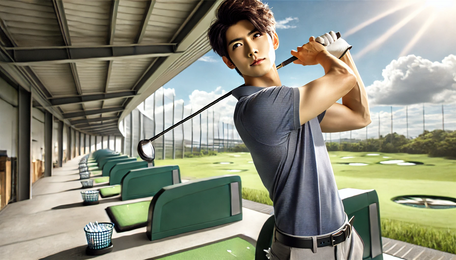 若い日本人男性ゴルファー(20代)が快晴の屋外練習場でドライバーを豪快にスイングしている様子。若さとパワーに満ちた姿