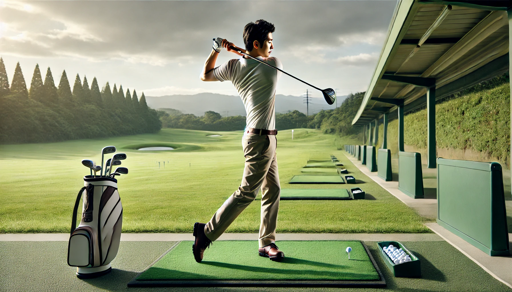 静かなドライビングレンジで、日本人男性ゴルファー(40代)がドライバーのスイング練習をしている様子。中間地点のフォームで静止しており、バランスと技術向上を意識した練習風景