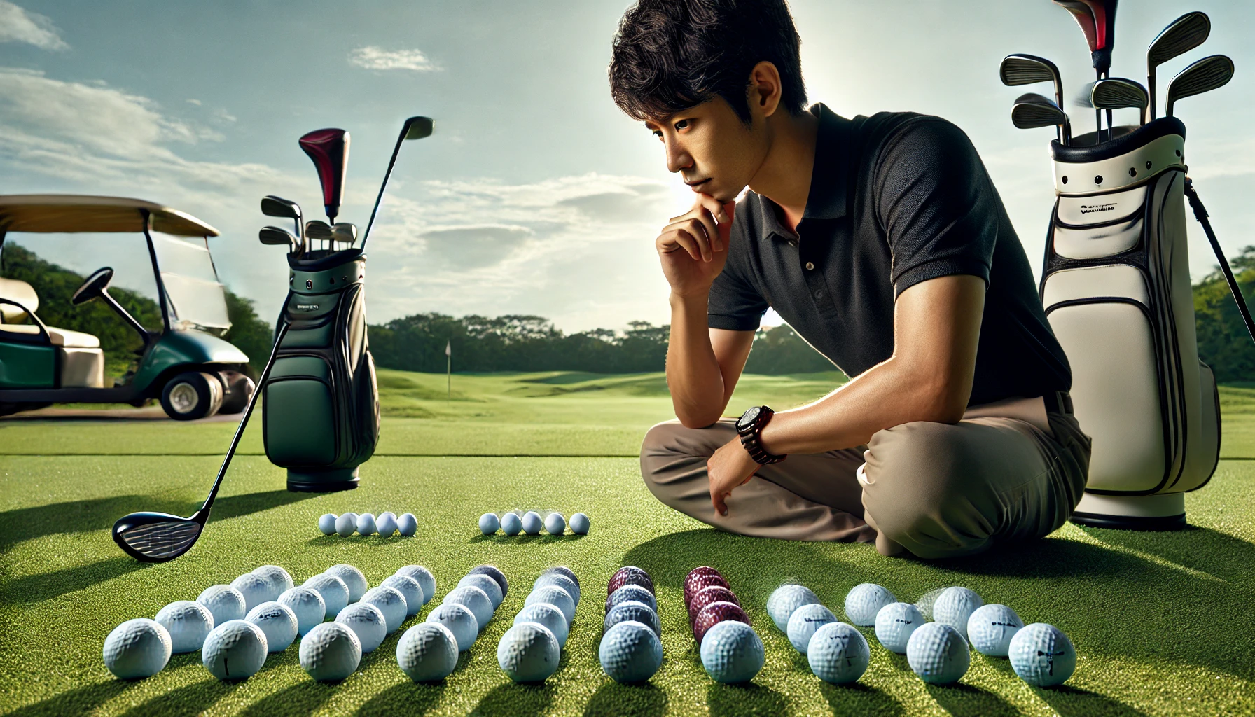ゴルフ場の練習エリアで、日本人男性ゴルファー(30代)が複数のゴルフボールを芝上に並べて比較しながら選んでいる様子。飛距離を意識した慎重な選択シーン